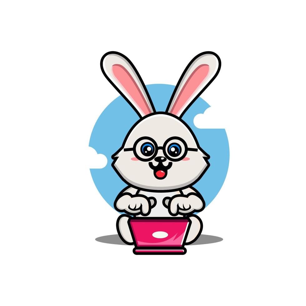 Cute rabbit operating laptop cartoon vector illustration