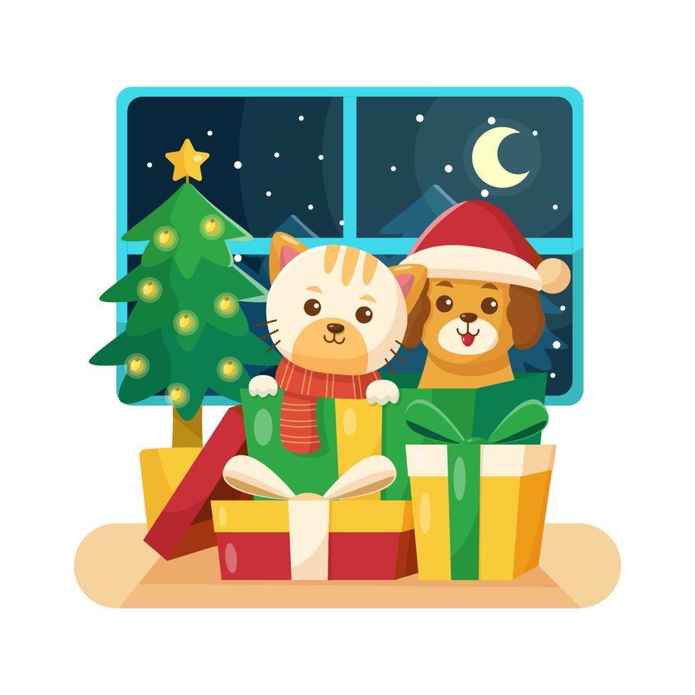 Cute Cat and Dog in the Gift Box vector