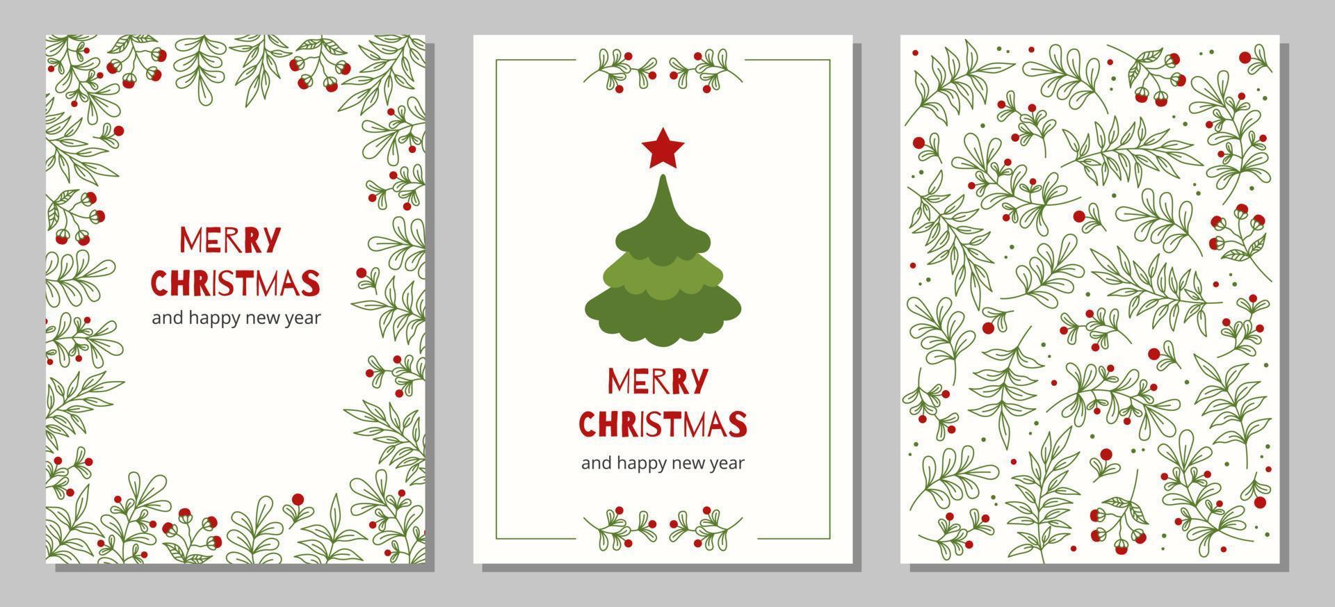 conjunto de tarjetas de felicitación de navidad y feliz año nuevo con árbol de navidad, marcos florales y fondos. vector