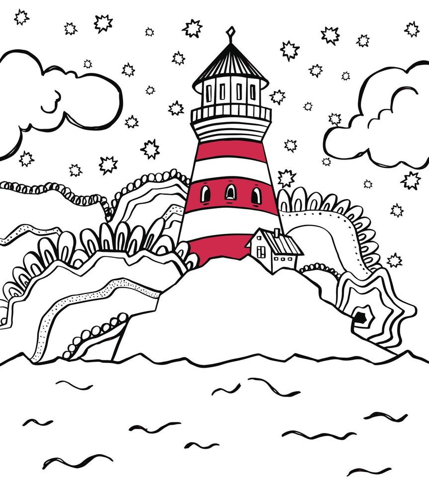 Lighthouse and shells, seascape background. Vector illustration