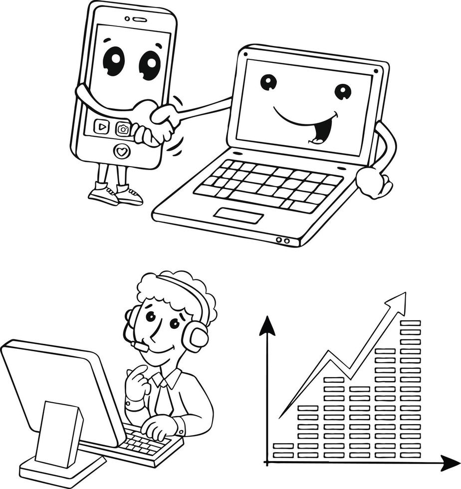 set of icons computer telephone communication hand drawn icon vector