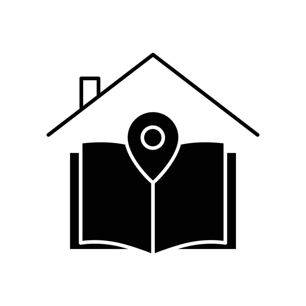 House glyph icon illustration with book and map. icon illustration related to education location. Simple vector design editable.