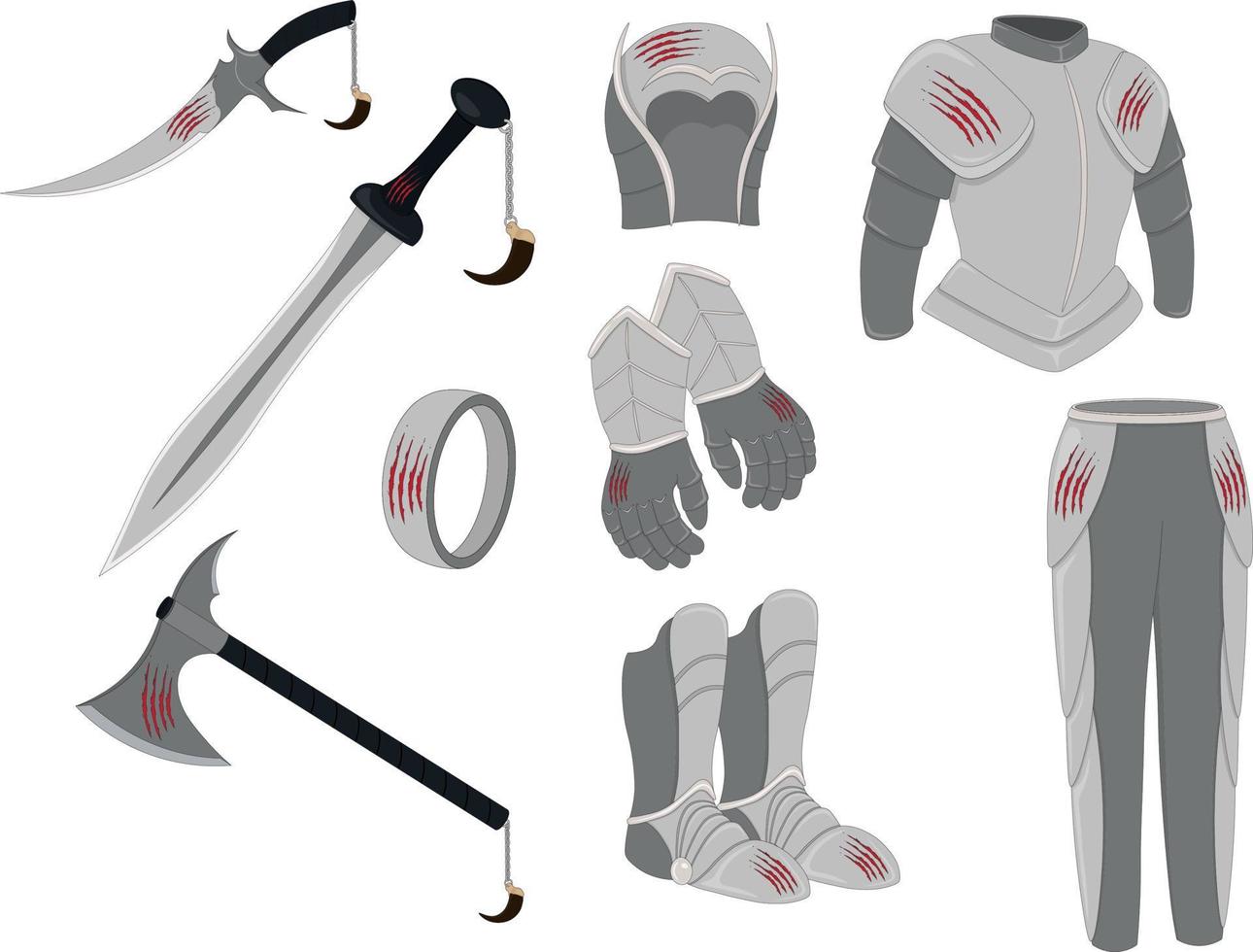 activo de juego de armas y armaduras, ilustración de vector de colección de equipos de armas y armaduras de un estilo