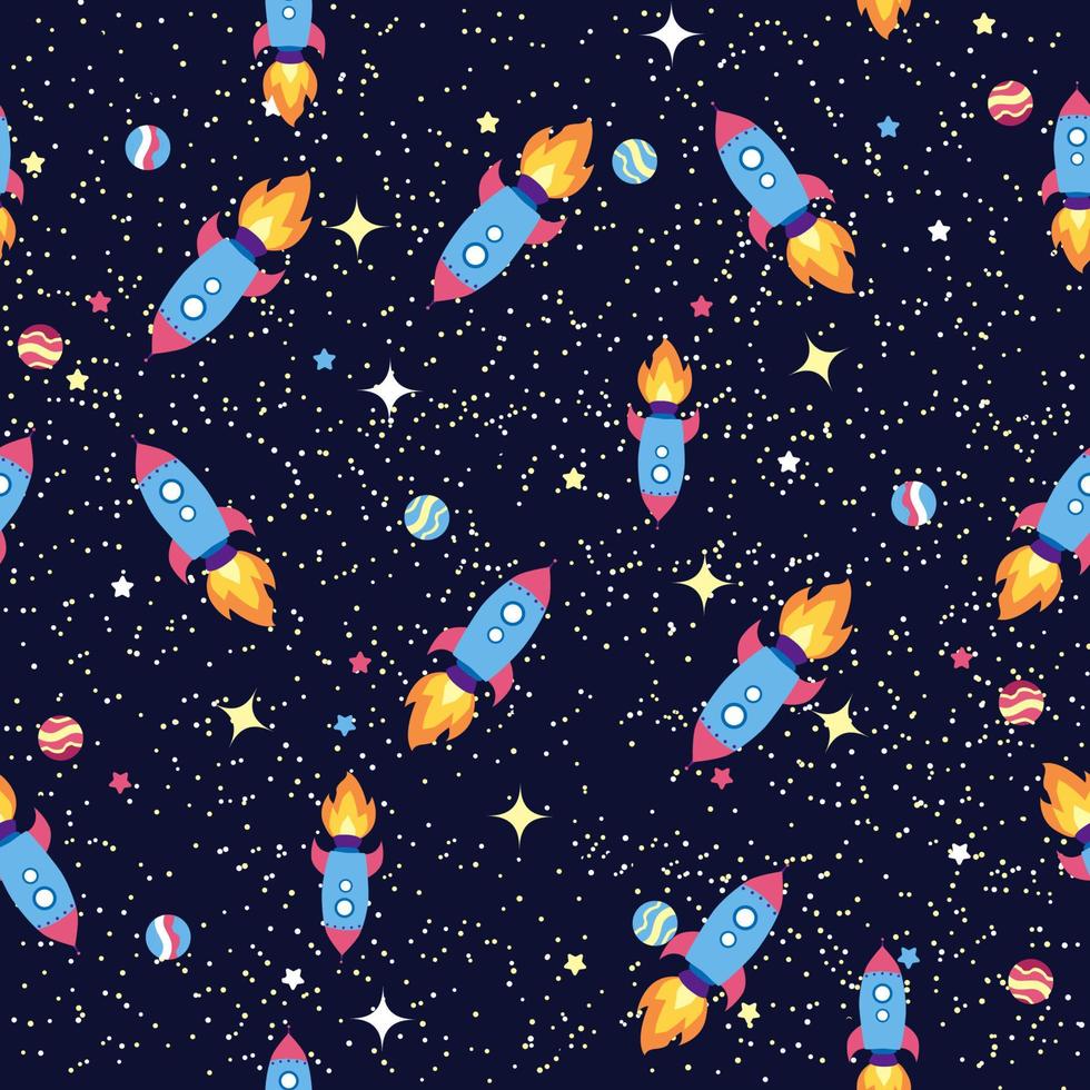 Seamless space pattern. Planets, rockets and stars. Cartoon spaceship. Childish background. Hand drawn vector