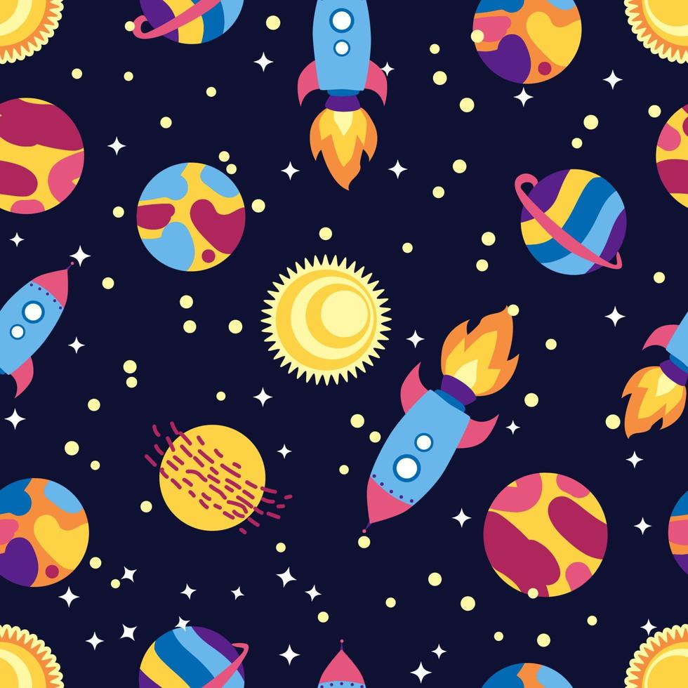 Seamless space pattern. Planets, rockets and stars. Cartoon spaceship. Childish background. Hand drawn vector