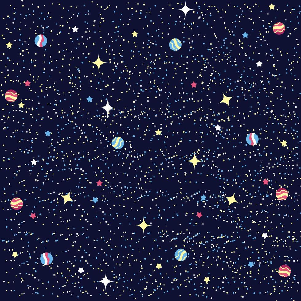 Seamless space pattern. Planets, rockets and stars. Cartoon spaceship. Childish background. Hand drawn vector