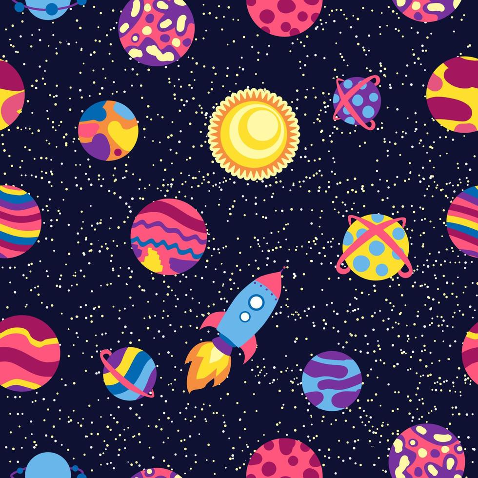 patrón de espacio sin fisuras. planetas, cohetes y estrellas. nave espacial de dibujos animados. fondo infantil. dibujado a mano vector