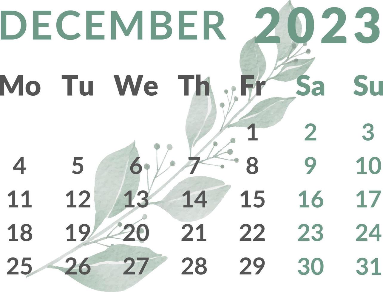Calendar 2023 year.Month December. vector