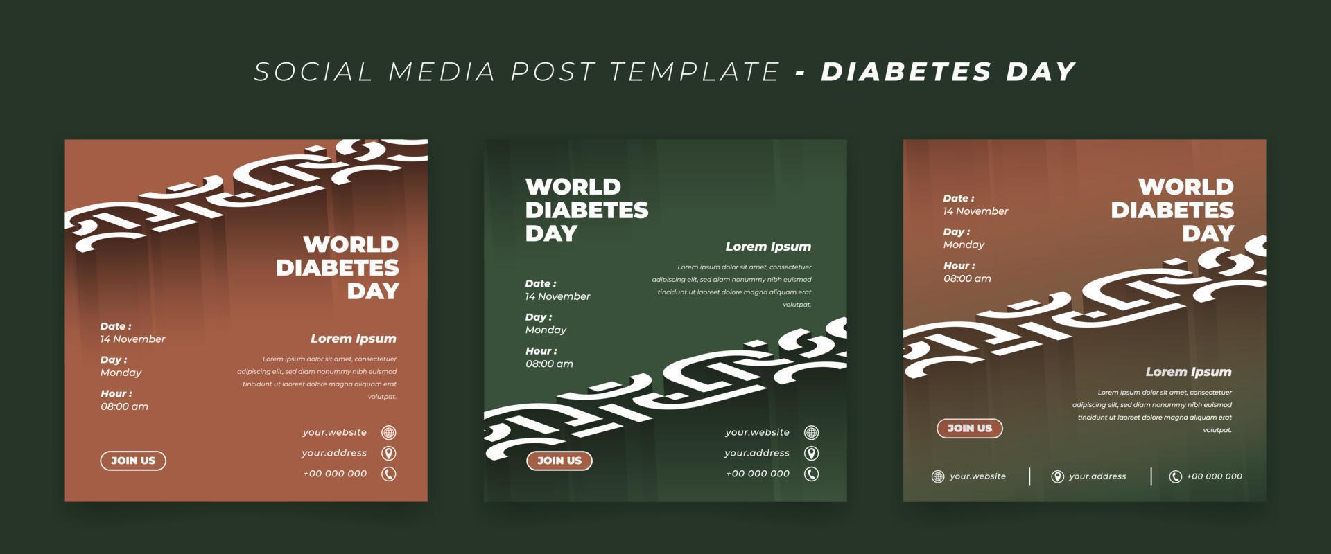 Set of social media post template with simple 3d ornament background design for diabetes day design vector