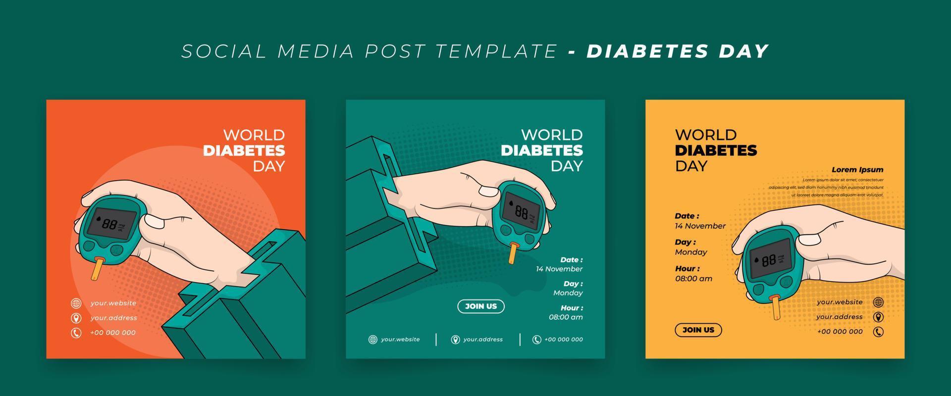 conjunto de plantilla de publicación en redes sociales con mano y glucómetro en diseño de dibujos animados para el diseño del día de la diabetes vector