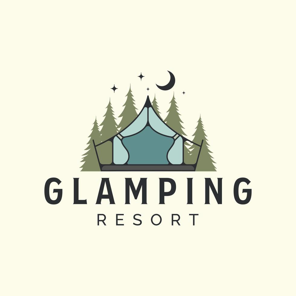 glamping en la noche con diseño de ilustración de plantilla de logotipo de vector vintage, camping, concepto de logotipo de tienda