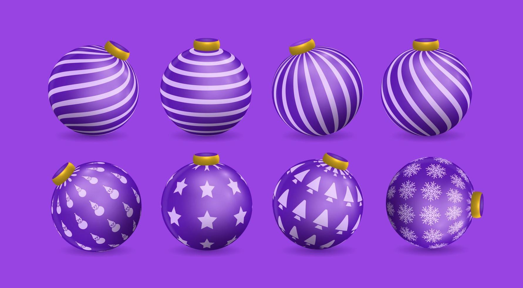 set of purple Christmas ball decorations, with various patterns, vector