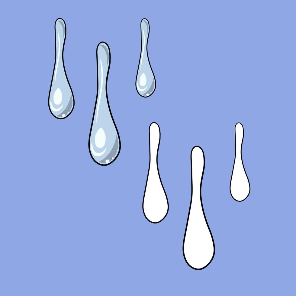 A set of images, elongated water droplets, a jet of water, a vector illustration in cartoon style on a colored background