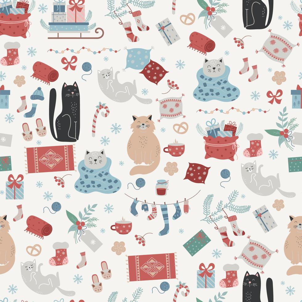 Christmas seamless pattern. New Years decor, sleigh, gifts, socks, cute cats and cozy things on white background. Vector Winter pattern for decor, design, packaging and print.