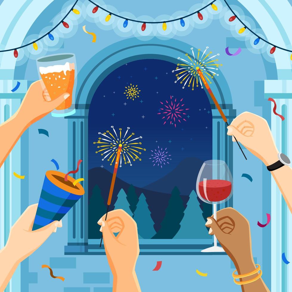New Year Indoor Party with Firework and Lights vector