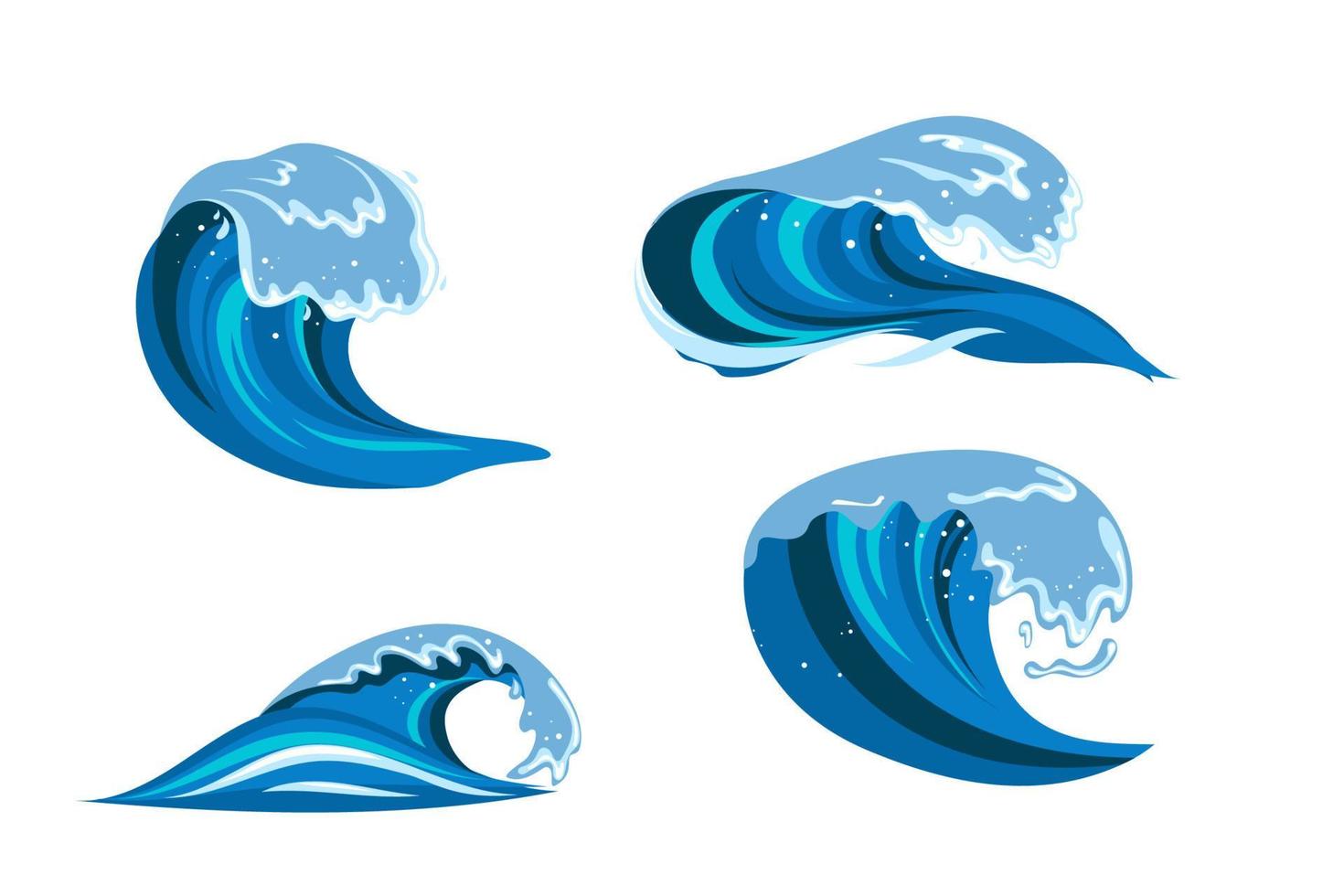Tsumani wave in flat cartoon style. Big blue tropical water splash with white foam. Vector illustration isolated in white background