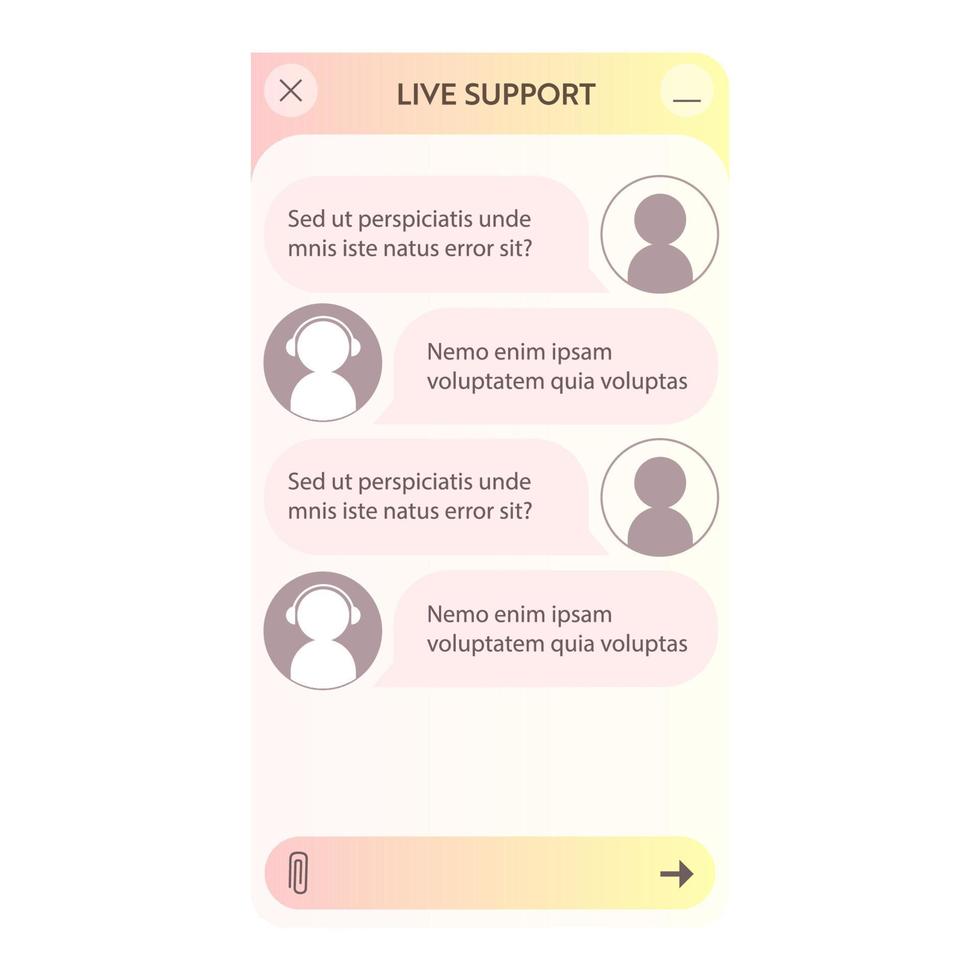 User interface of Chatbot window. User interface of application with online dialogue. Conversation with a robot assistant vector