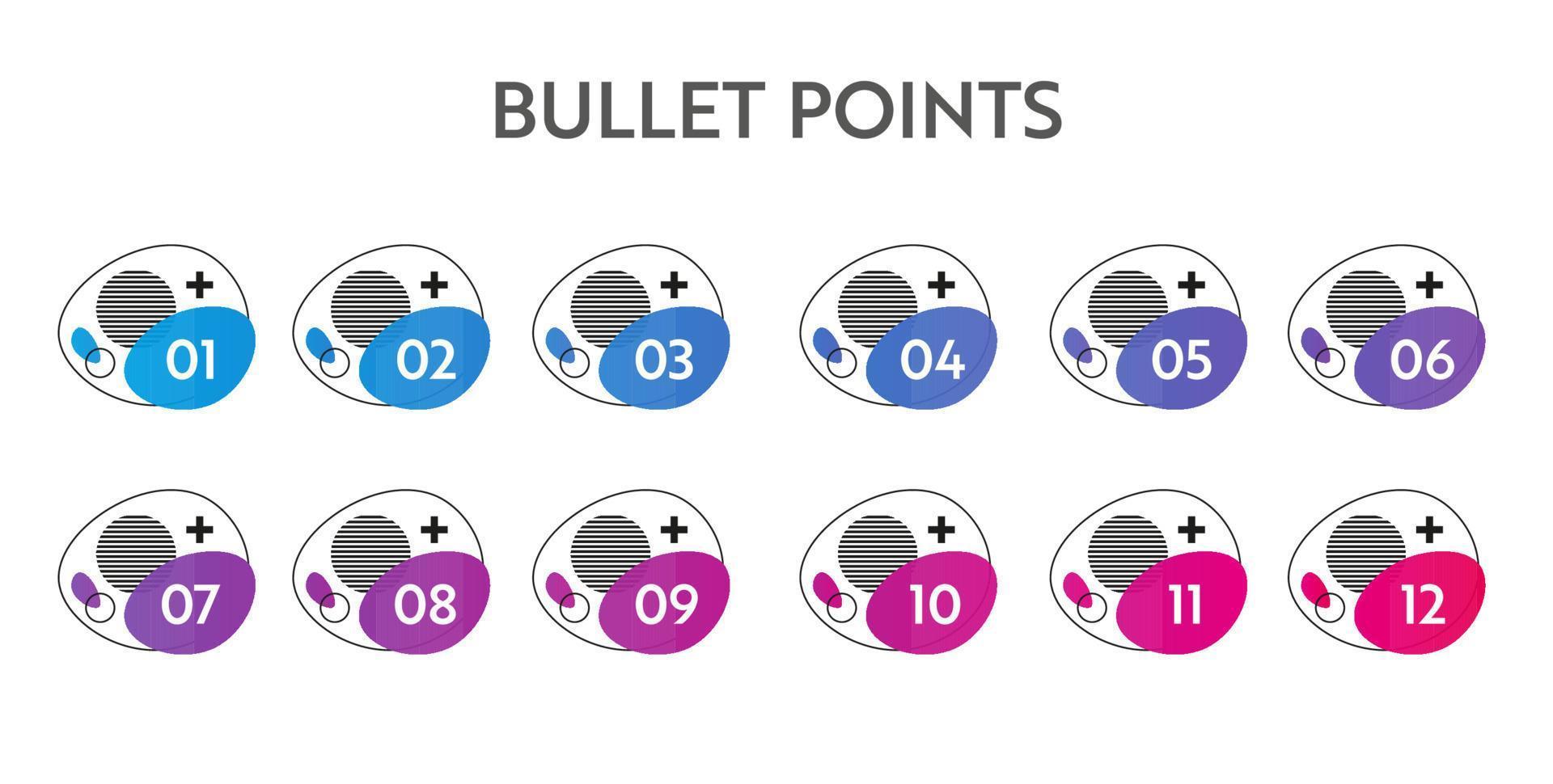 Bullet points numbers. Colorful list markers from 1 to 12. Vector design elements set for modern infographic