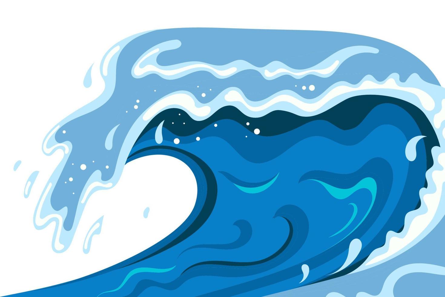 Tsumani wave in flat cartoon style. Big blue tropical water splash with white foam. Vector illustration isolated in white background