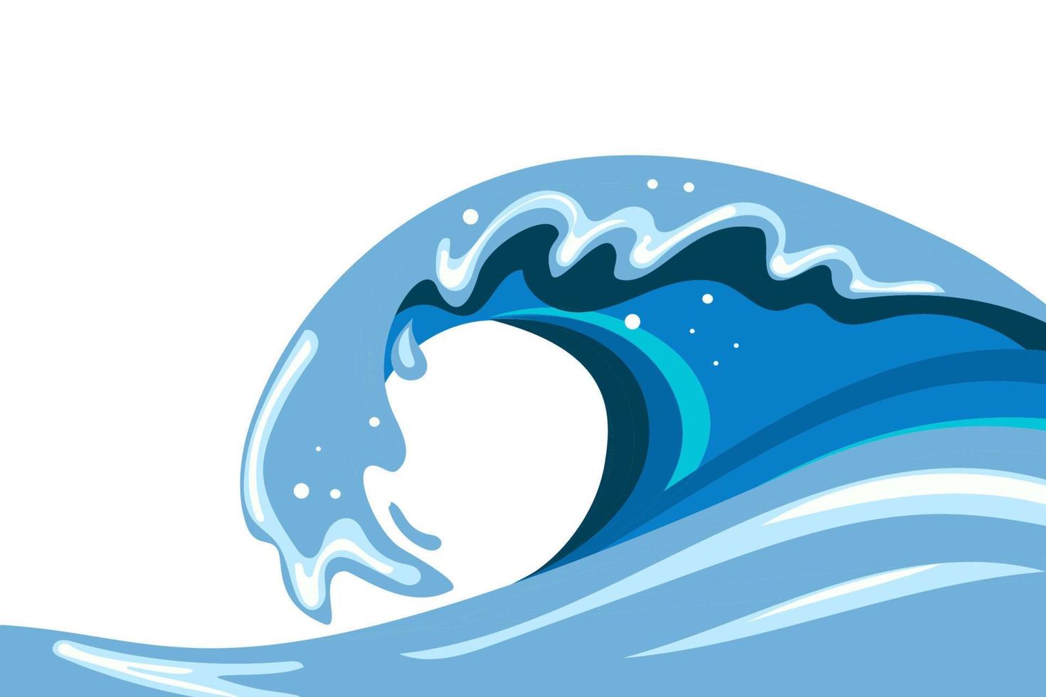 Tsumani wave in flat cartoon style. Big blue tropical water splash with white foam. Vector illustration isolated in white background