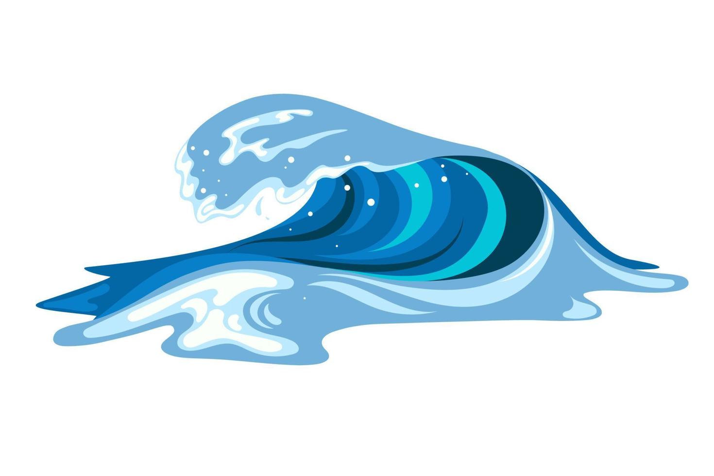 Tsumani wave in flat cartoon style. Big blue tropical water splash with white foam. Vector illustration isolated in white background