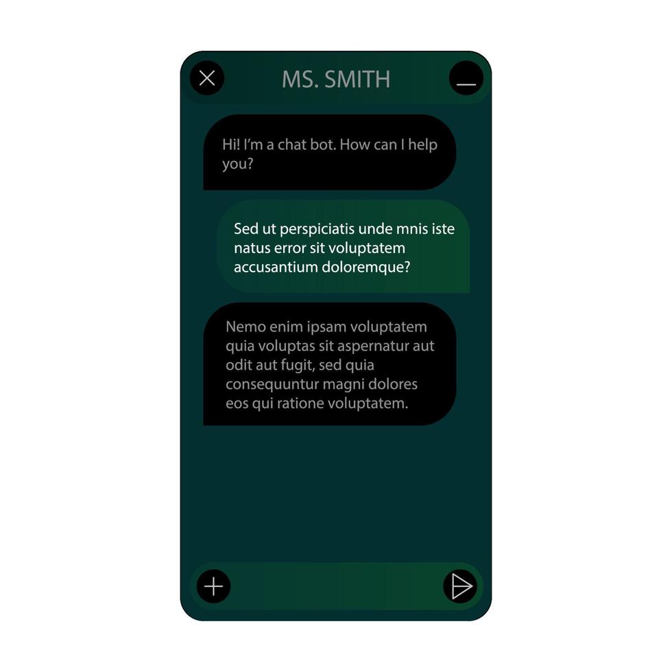ventana de chatbot. modo oscuro interfaz de usuario de la aplicación con diálogo en línea. conversación con un robot asistente vector