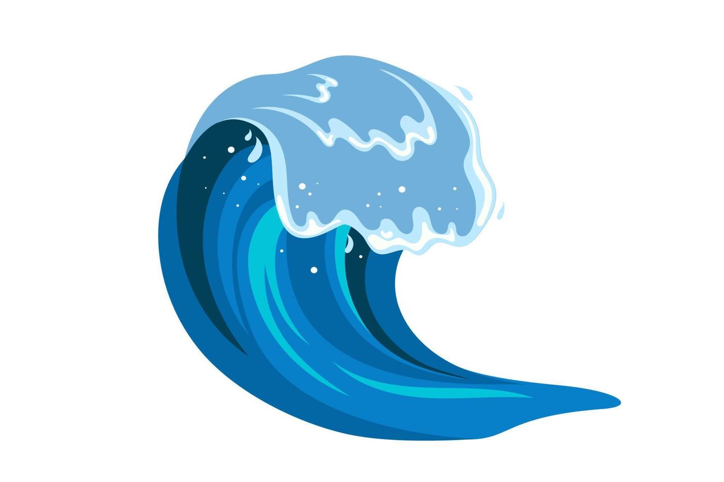 Tsumani wave in flat cartoon style. Big blue tropical water splash with white foam. Vector illustration isolated in white background