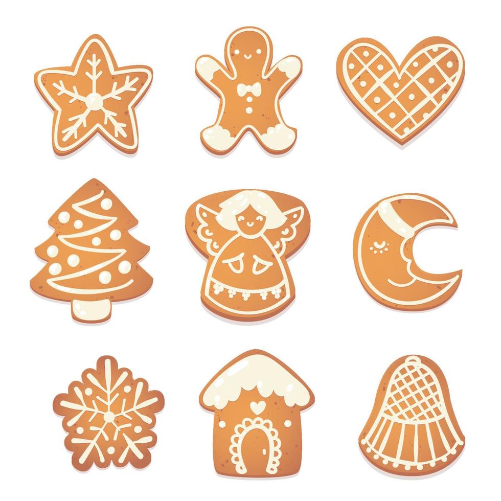 Gingerbread Christmas cute cookies set. Biscuit characters for new year design. Vector cartoon illustration.