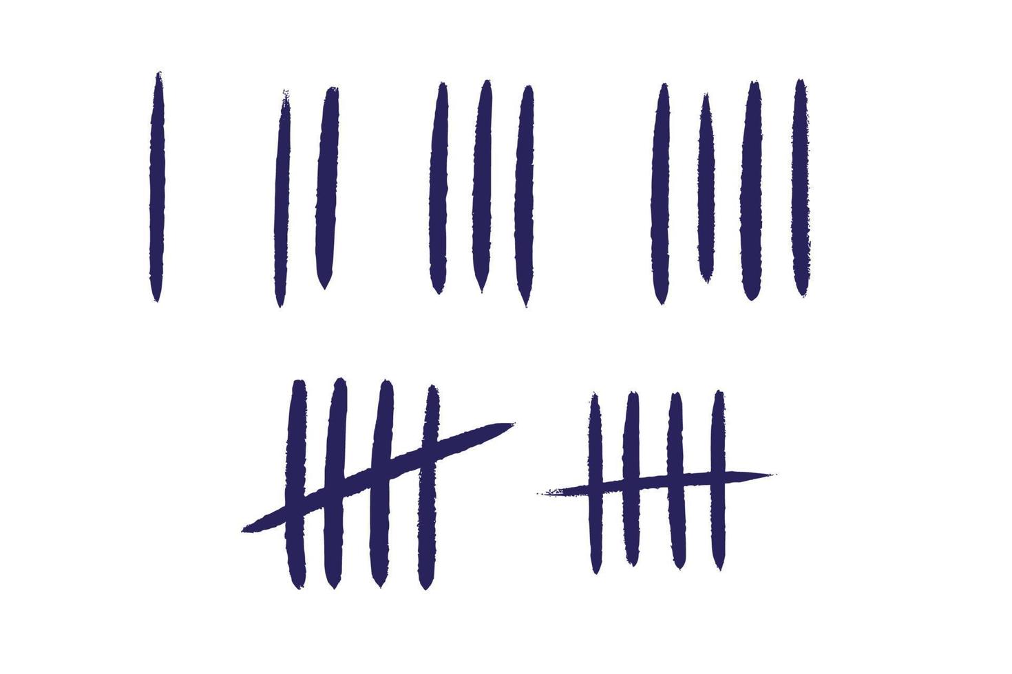 Tally mark number lines on the wall. Hand drawn sticks for counting time in prison. Vector illustration design set.