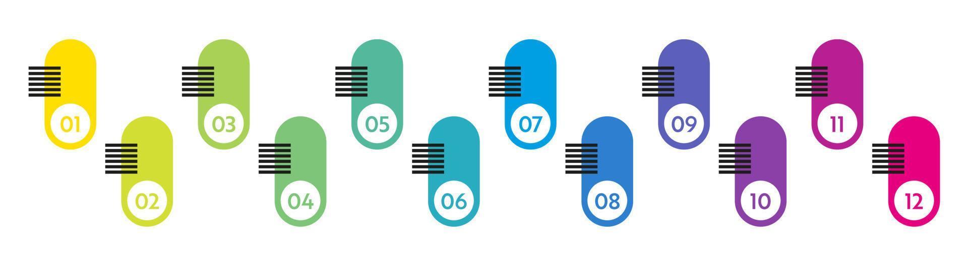 Bullet points numbers. Colorful list markers from 1 to 12. Vector design elements set for modern infographic