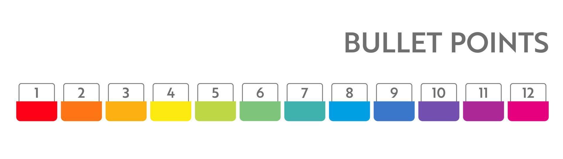 Bullet points numbers. Colorful list markers from 1 to 12. Vector design elements set for modern infographic