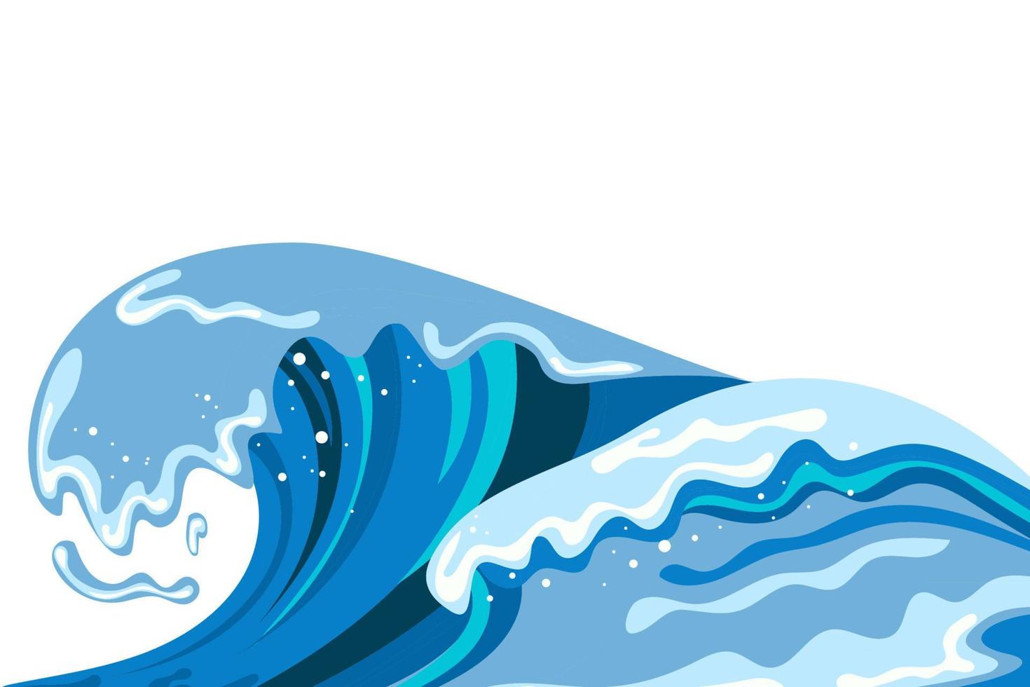 Tsumani wave in flat cartoon style. Big blue tropical water splash with white foam. Vector illustration isolated in white background