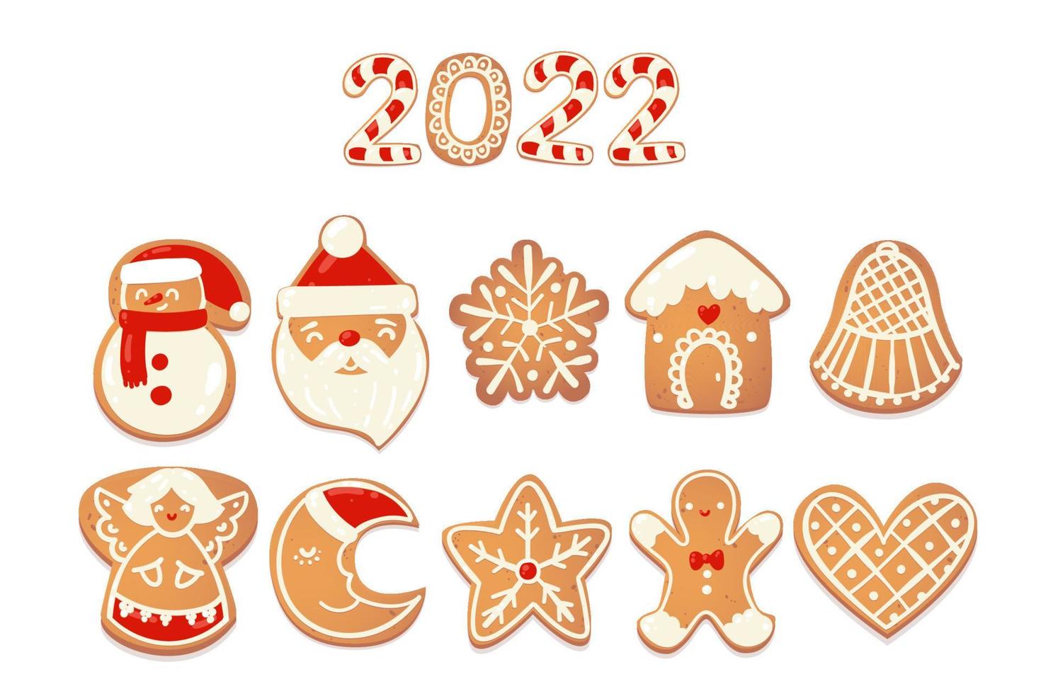 conjunto de galletas lindas de navidad de pan de jengibre. personajes de galletas para el diseño de año nuevo. ilustración de dibujos animados vectoriales. vector