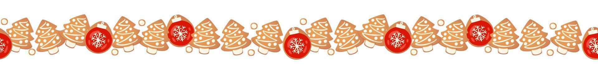 Christmas gingerbread cookies seamless border isolated. New year decorative garland. Cartoon hand drawn vector illustration.