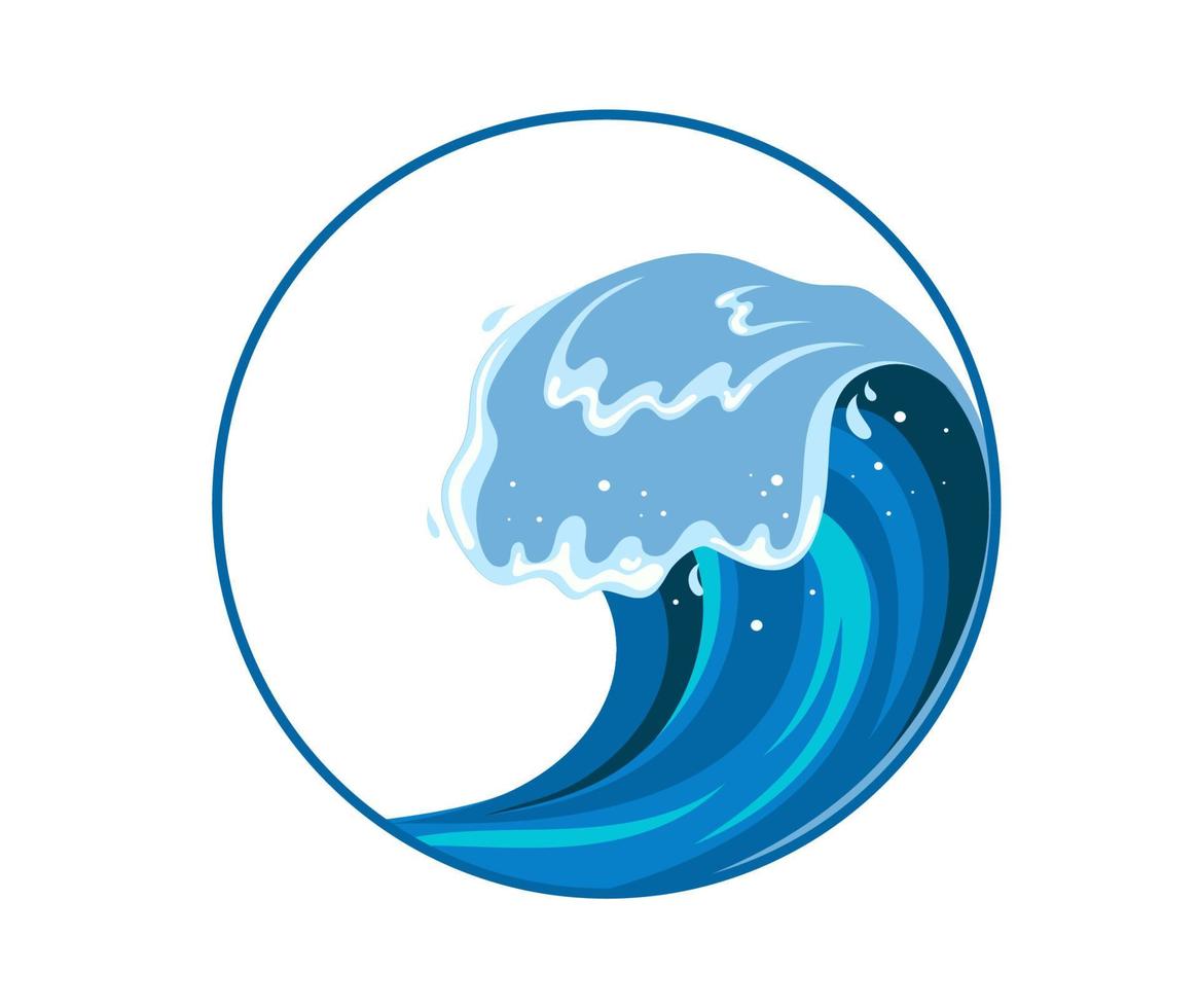 Tsumani wave in flat cartoon style. Big blue tropical water splash with white foam. Vector illustration isolated in white background