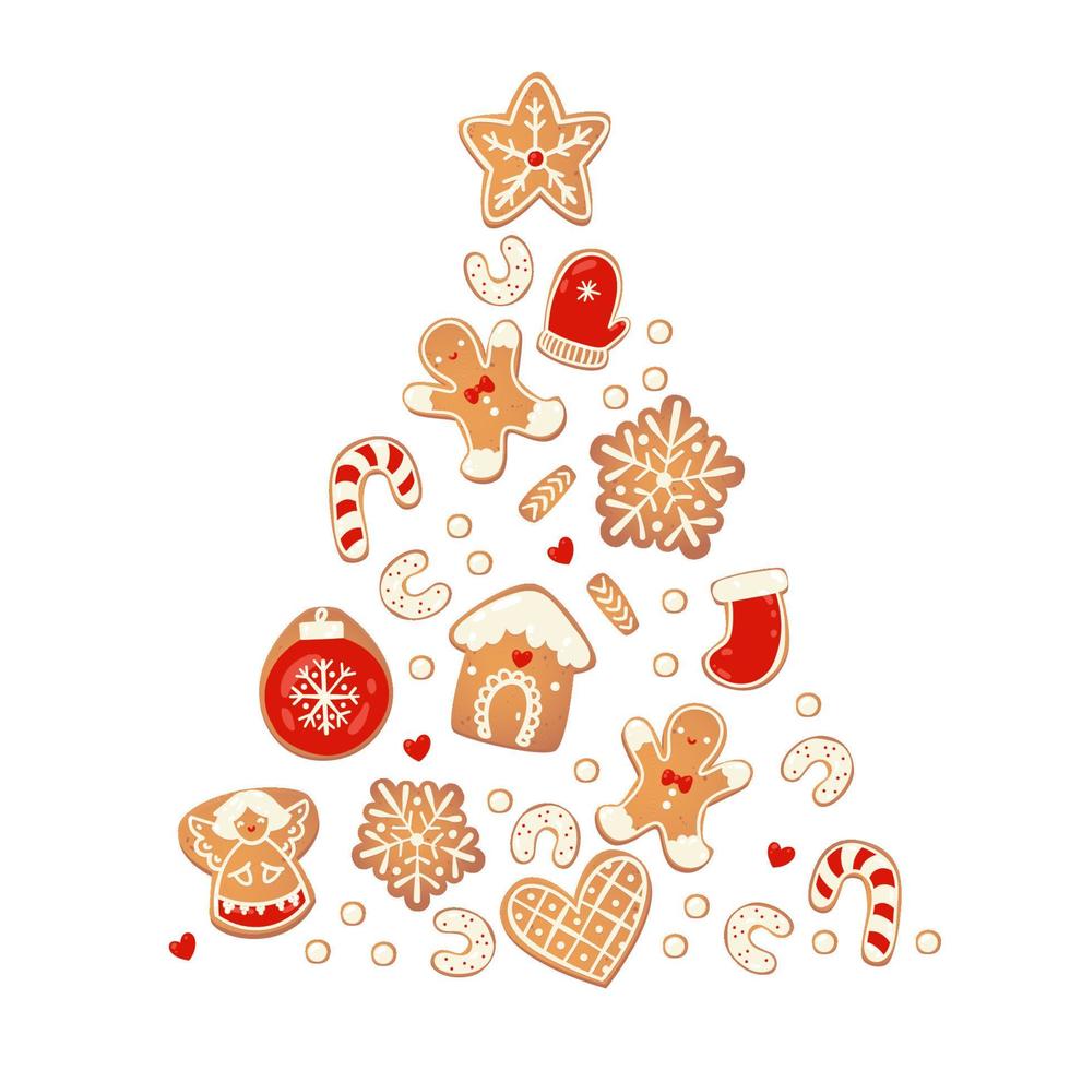 tarjeta de feliz navidad con galletas de jengibre. árbol de galletas. ilustración vectorial para el diseño de año nuevo. vector