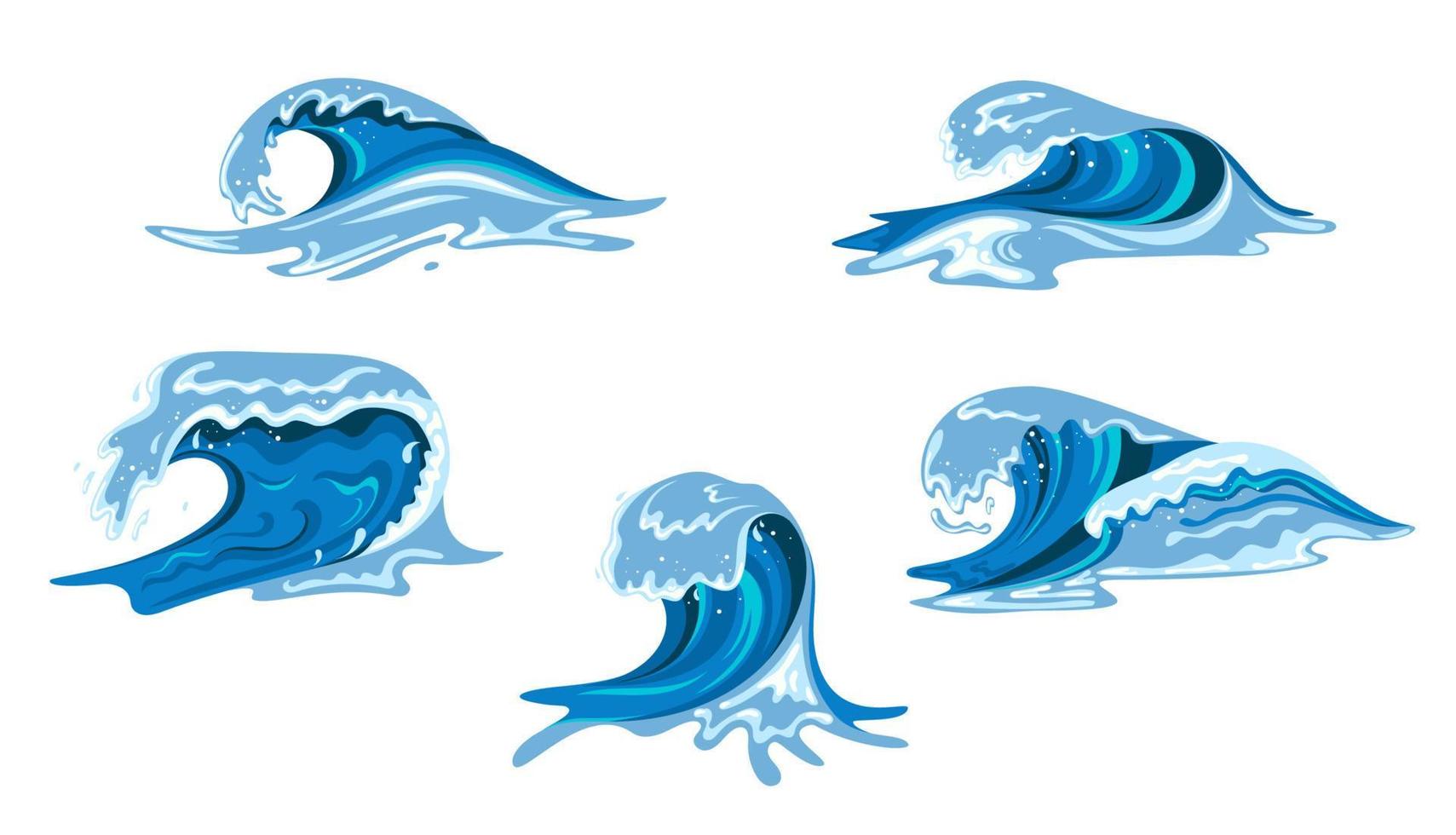 Tsumani wave in flat cartoon style. Big blue tropical water splash with white foam. Vector illustration isolated in white background