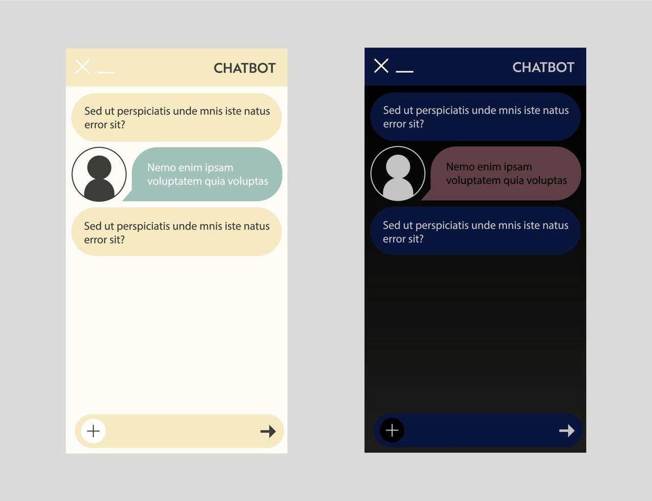 conjunto de ventanas de chatbot. interfaz de usuario de la aplicación con diálogo en línea. conversación con un robot asistente vector