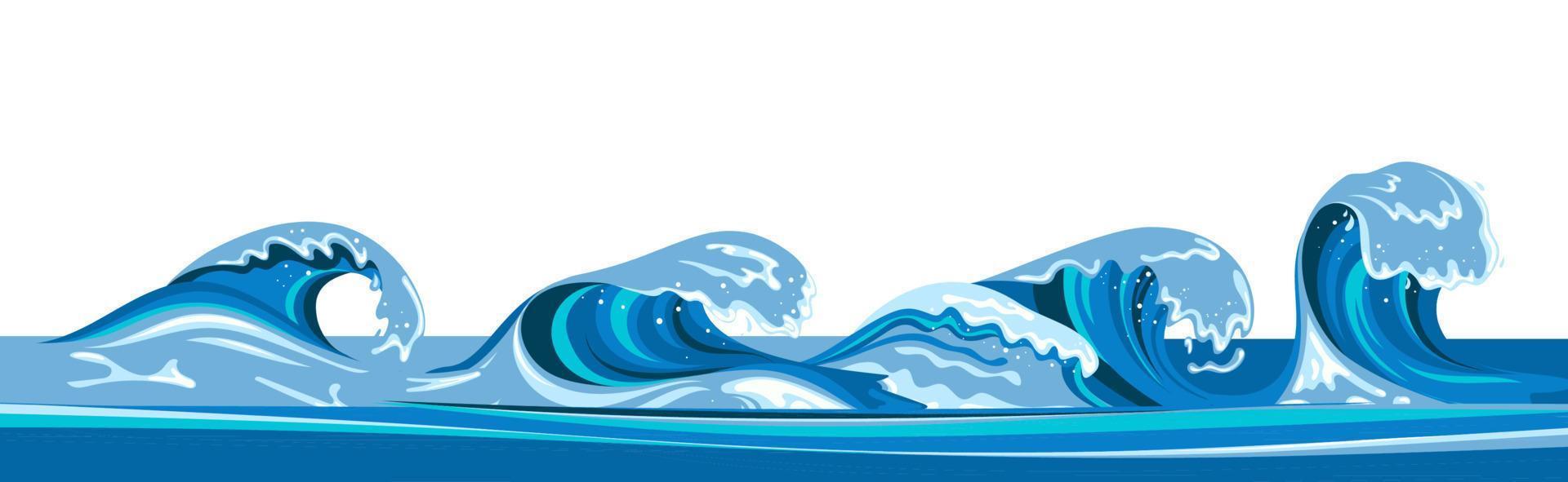 Tsumani wave in flat cartoon style. Big blue tropical water splash with white foam. Vector illustration isolated in white background