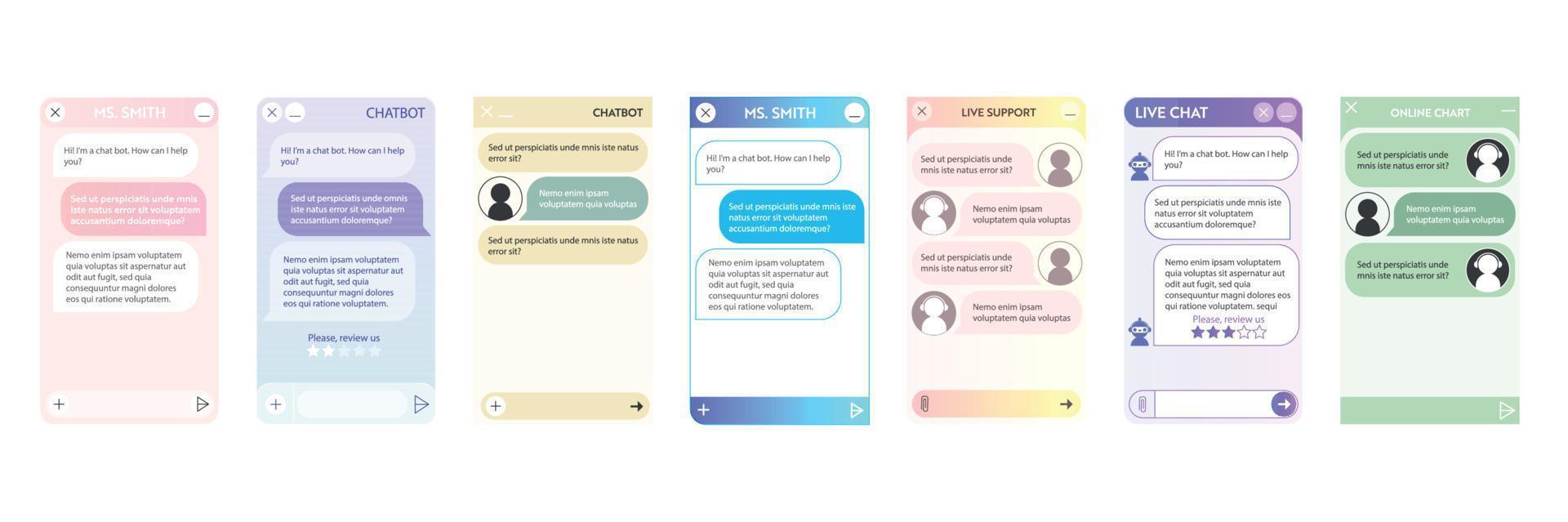 Chatbot window set. User interface of application with online dialogue. Conversation with a robot assistant vector