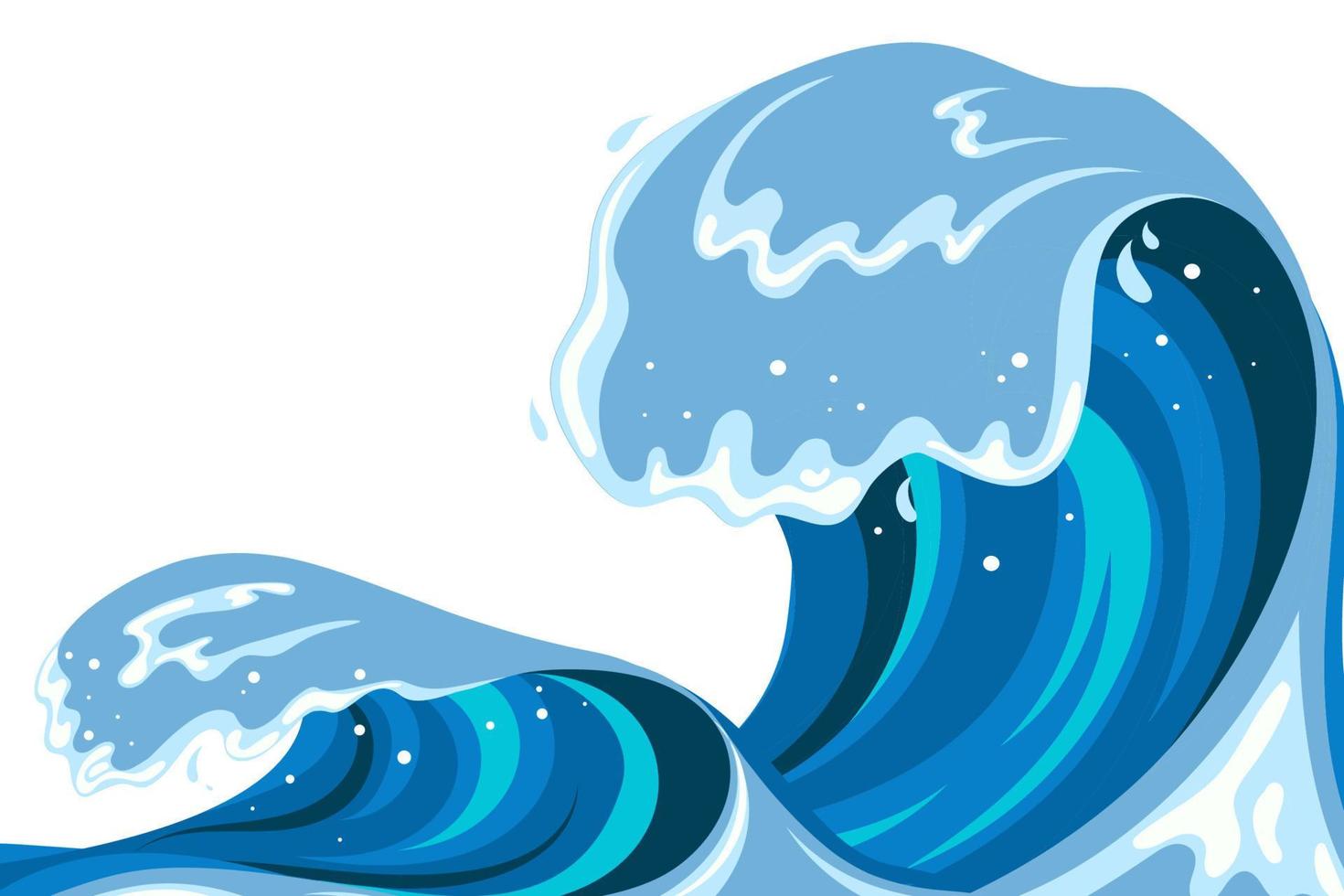 Tsumani wave in flat cartoon style. Big blue tropical water splash with white foam. Vector illustration isolated in white background