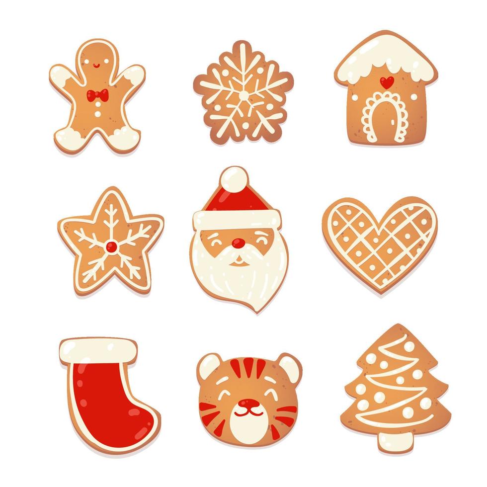 conjunto de galletas lindas de navidad de pan de jengibre. personajes de galletas para el diseño de año nuevo. ilustración de dibujos animados vectoriales. vector