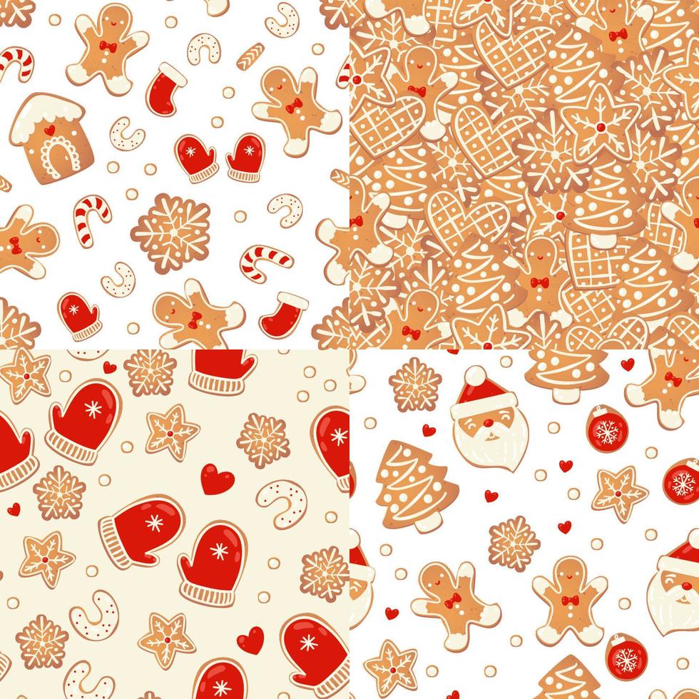 Christmas gingerbread vector patterns set. Winter characters in cartoon style. Holiday design background. New year scandinavian style.