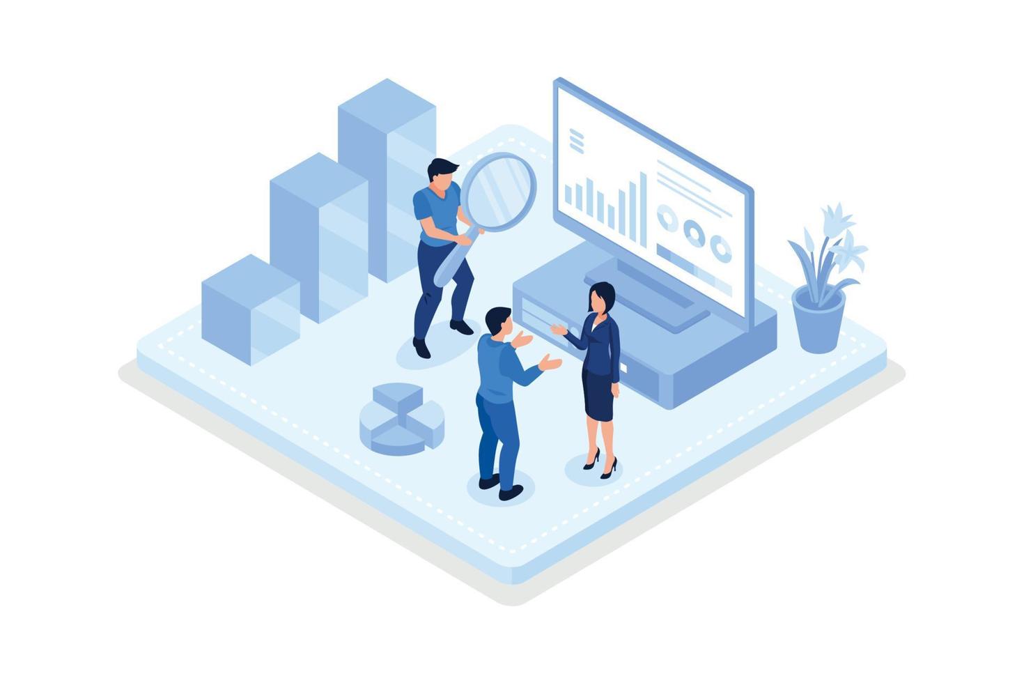 Financial report, Characters analyzing charts, isometric vector modern illustration