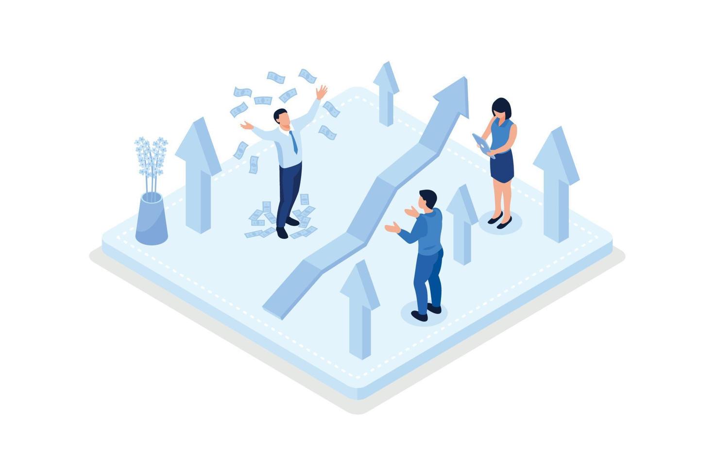 Finance growth, Characters  celebrating financial success, isometric vector modern illustration