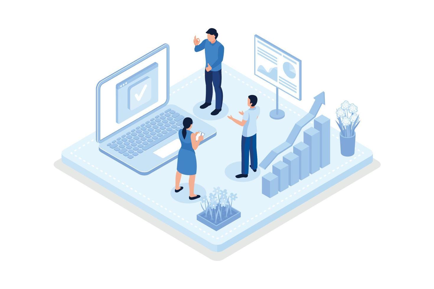 Business, Characters analyzing marketing data, isometric vector modern illustration