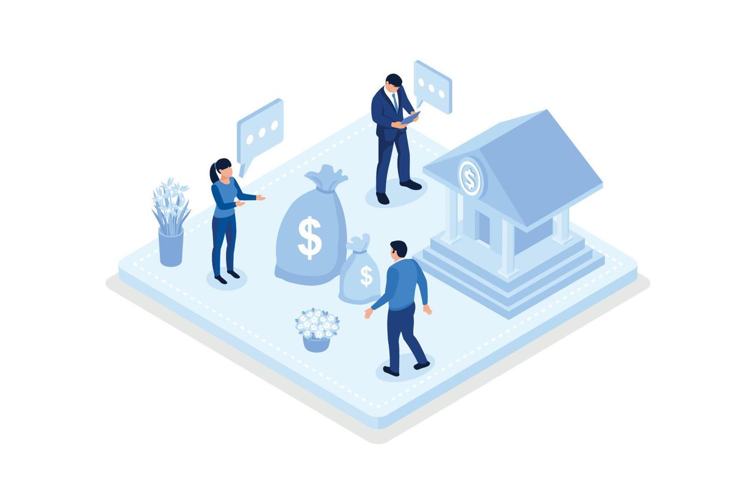 Public finance, Characters receiving subsidy or over financial support from federal budget, isometric vector modern illustration