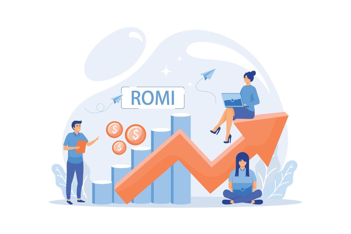 gráfico de eficacia de la inversión en marketing, gente diminuta. inversión en marketing, retorno de la inversión en marketing, concepto de retorno de la inversión en publicidad, ilustración moderna de vector plano