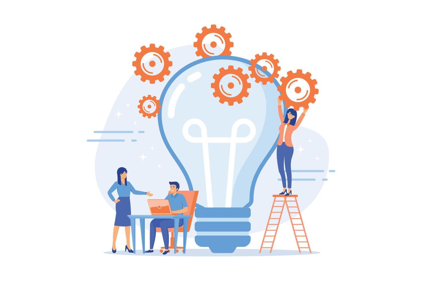 Business team putting gears on big lightbulb. New idea engineering, business model innovation and design thinking concept on white background, flat vector modern illustration