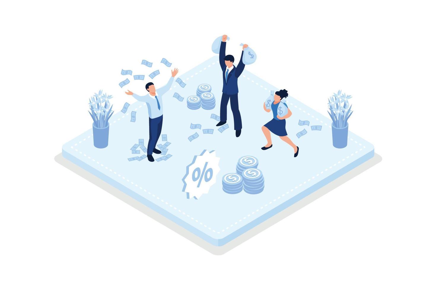 Passive income, Characters enjoying free of debts people planning budget, isometric vector modern illustration